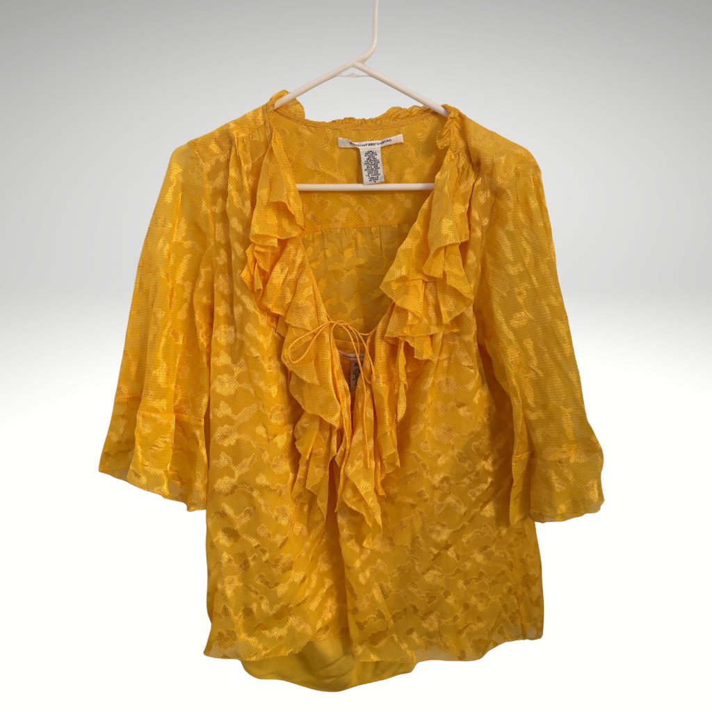 Diane Von Furstenberg | Yellow Marigold Floral Silk-Blend Ruffle Top | Sz 14